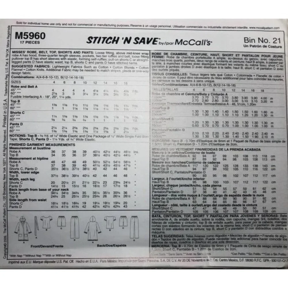 McCall's Sewing Pattern 5960 Misses Robe‎ Top Shorts Pants Size 4-12